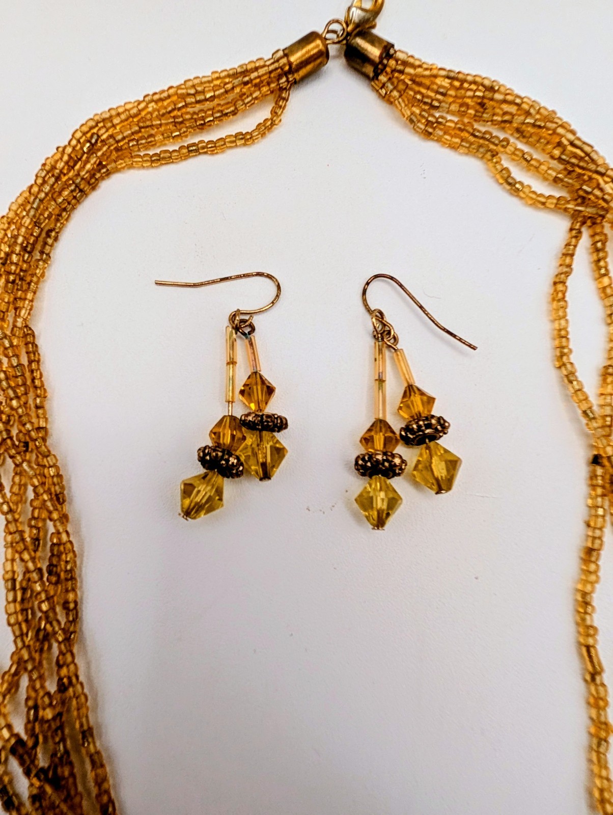 Dichroic Art Glass Pendant Silver Gold on beaded chain with matching earrings