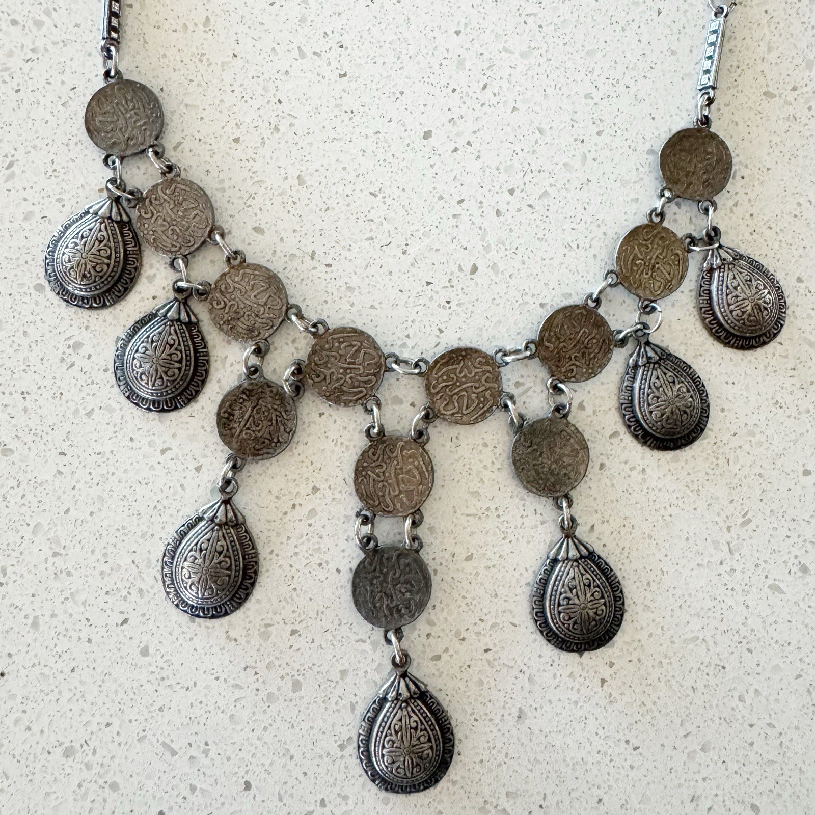 Silver Tone Metal Tear Drop Dangle Bib Coin Necklace