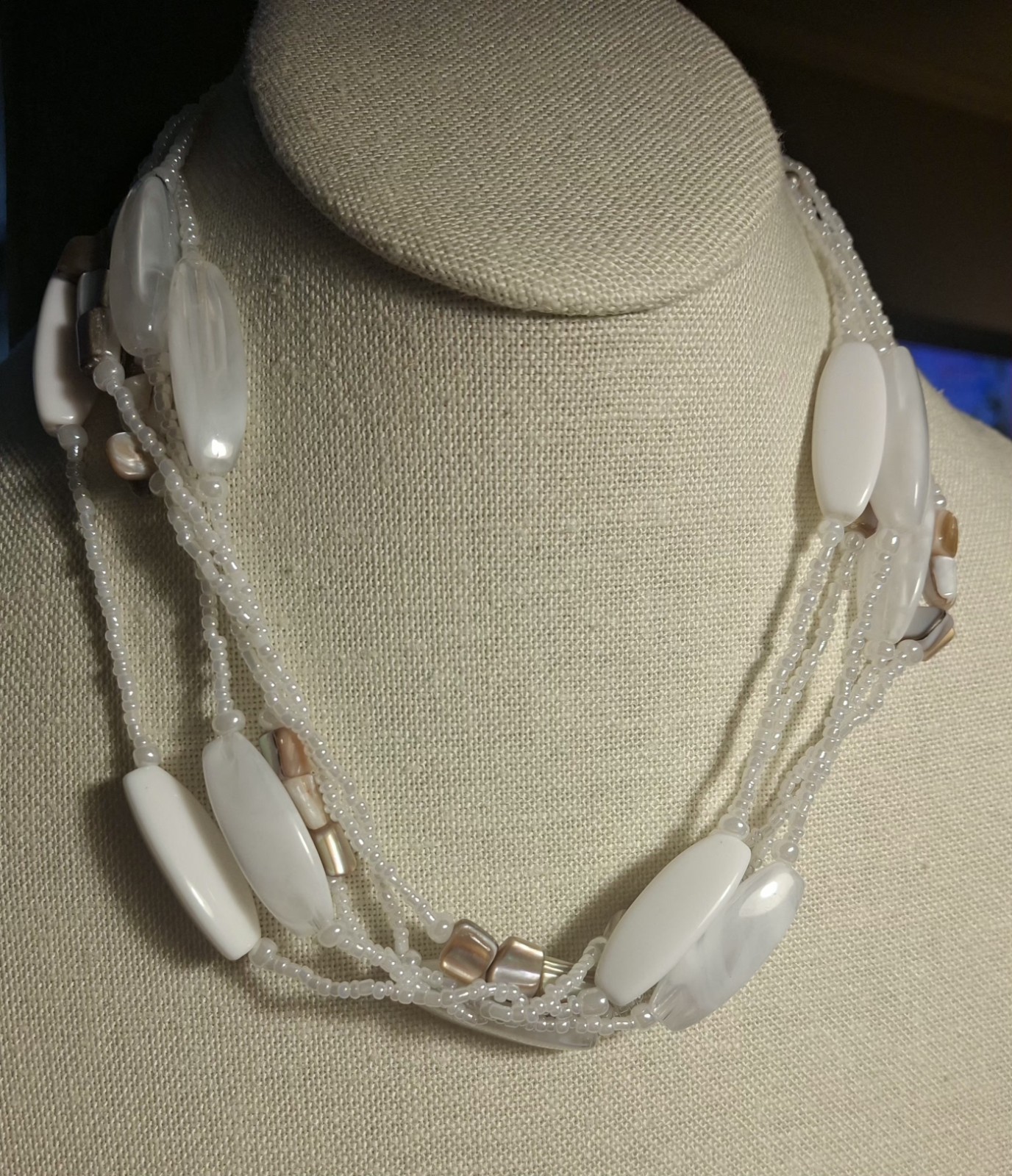 Pre-owned no brand white seed beads, acrylic beads, tan shell beads necklace