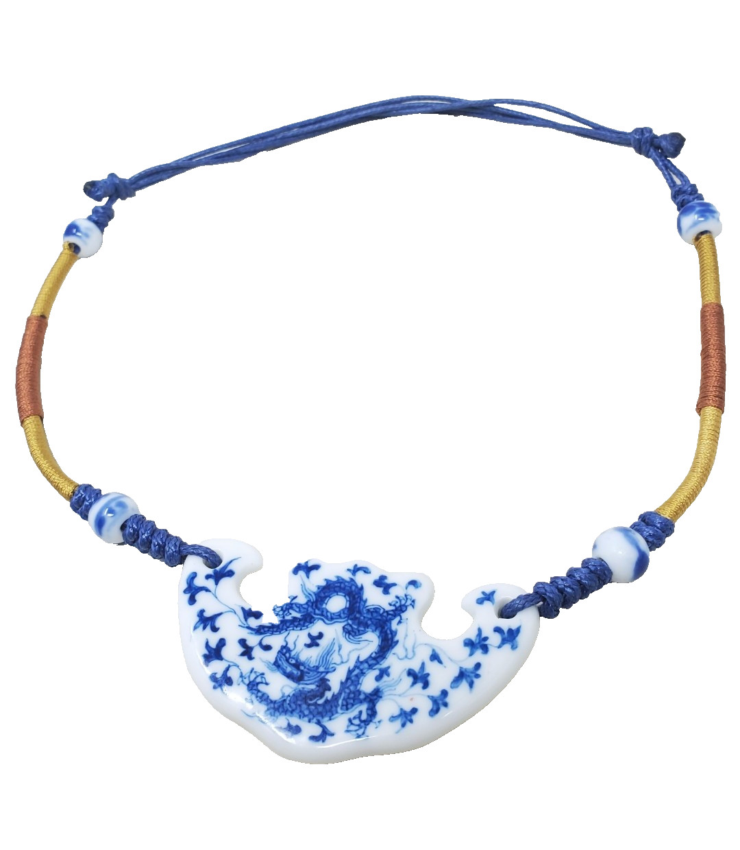 Porcelain Blue White Chinese Dragon Pendant Necklace Adjustable Length Ceramic