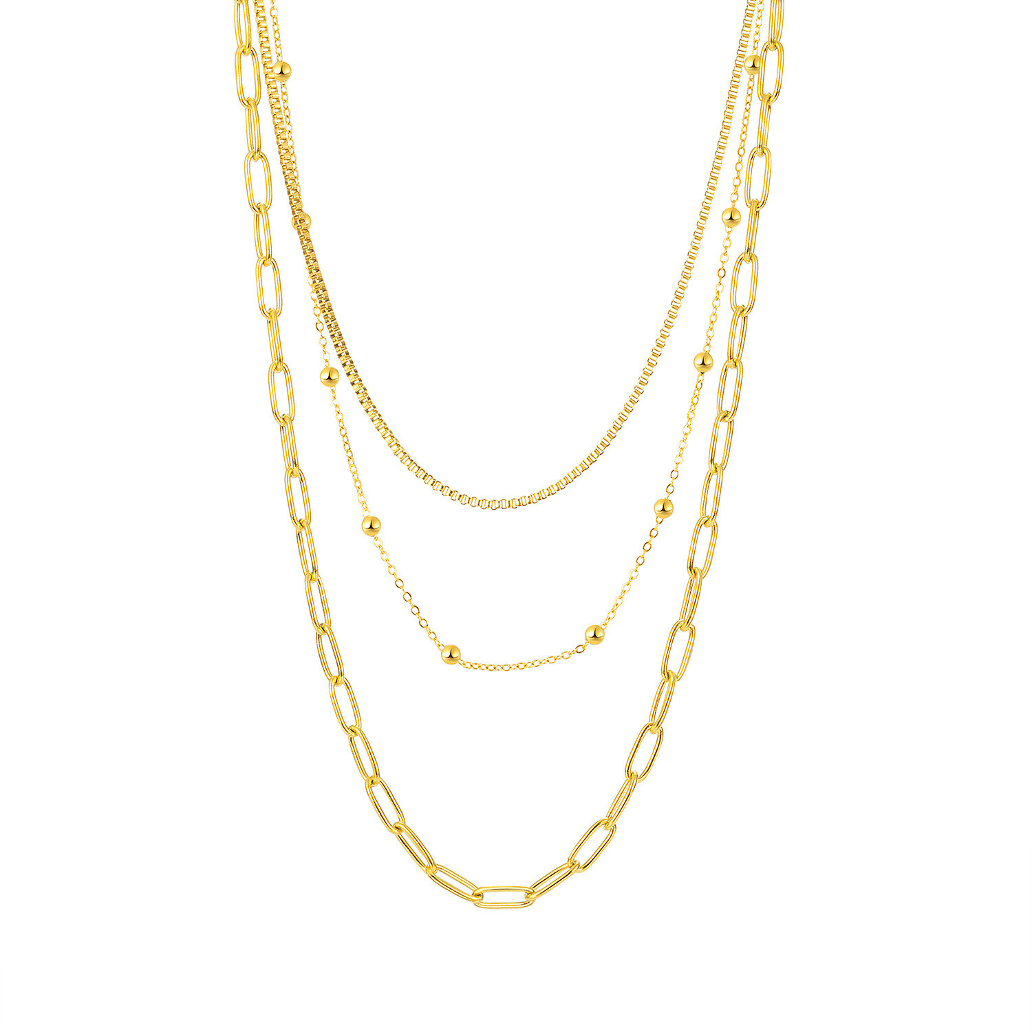 Woman 18K Gold Plated Stainless Steel 3 Layer Bead Box Rolo Link Chain Necklace