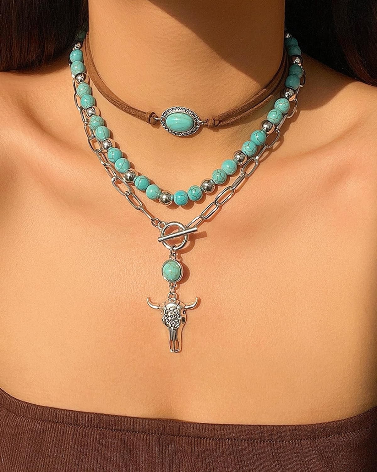 3 Pcs Layered Western Necklaces for Women Western Boho Turquoise Choker Ox Head