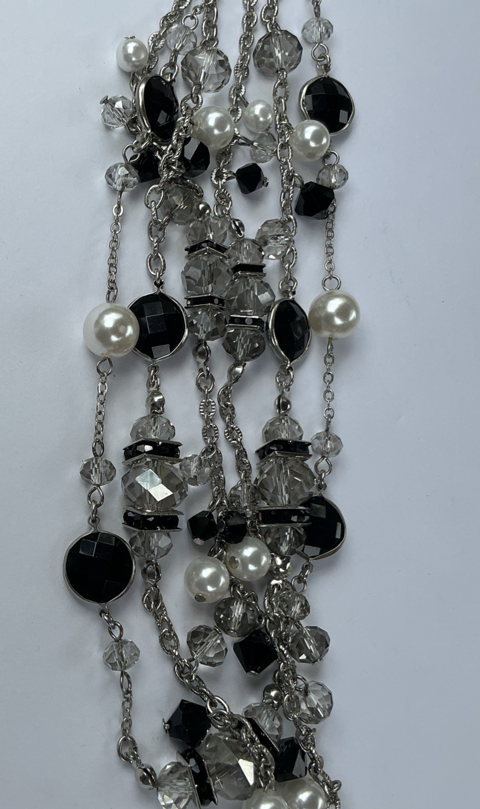 White House Black Market 3 Strand Silver Crystal Pearl Black White Necklace-NWOT
