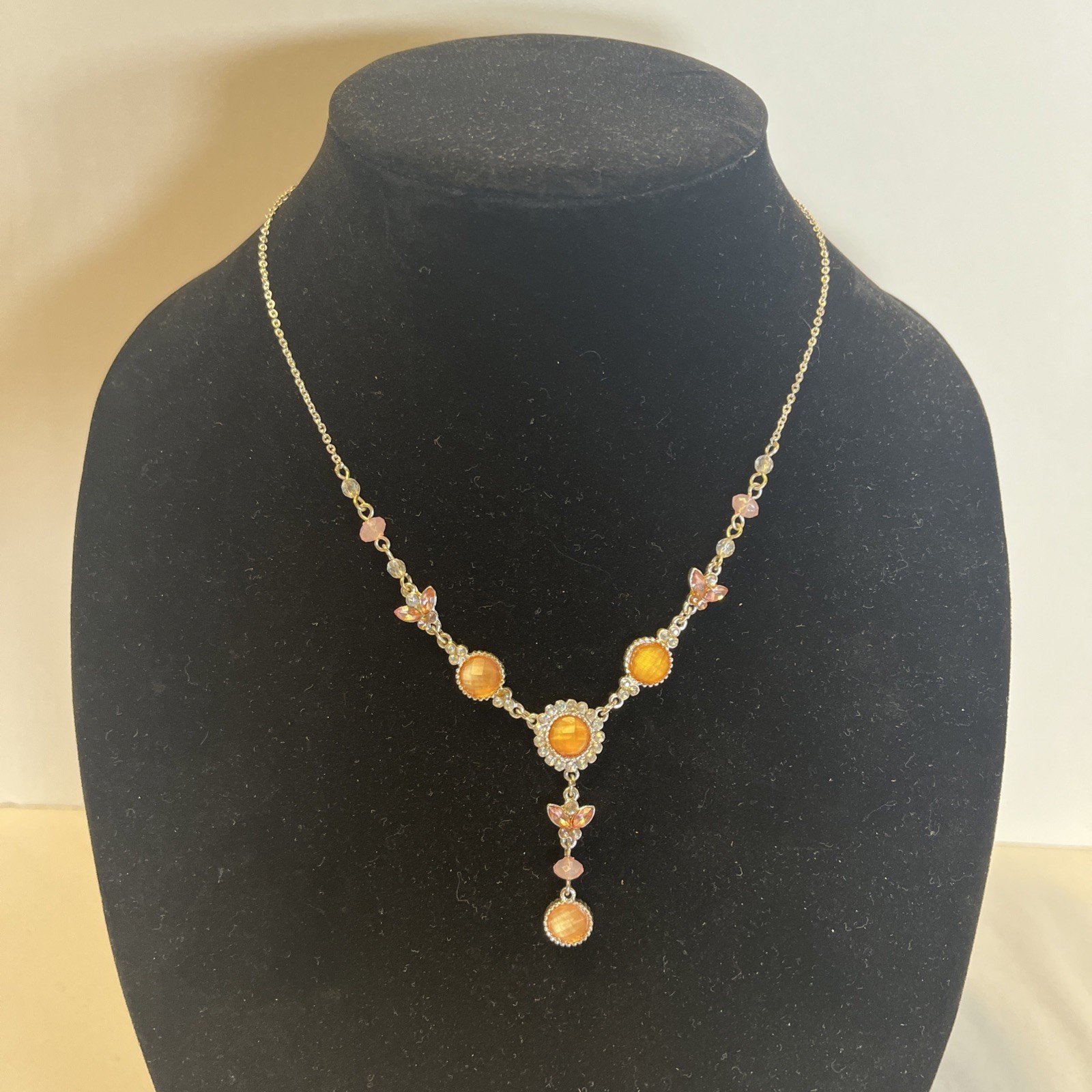 Y Drop Rhinestone Necklace Amber Topez Silver Tone Color Y2K