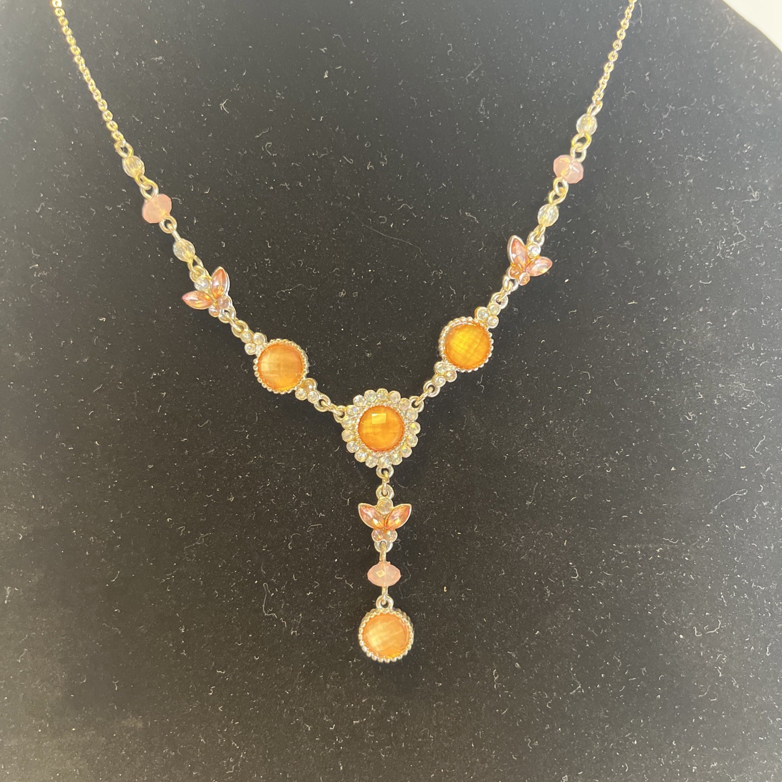Y Drop Rhinestone Necklace Amber Topez Silver Tone Color Y2K