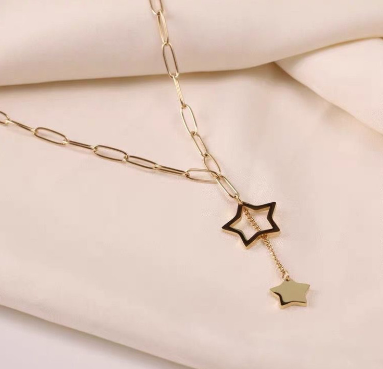 Titanium Gold Tassel Drop Double Star Pendant Chain Necklace