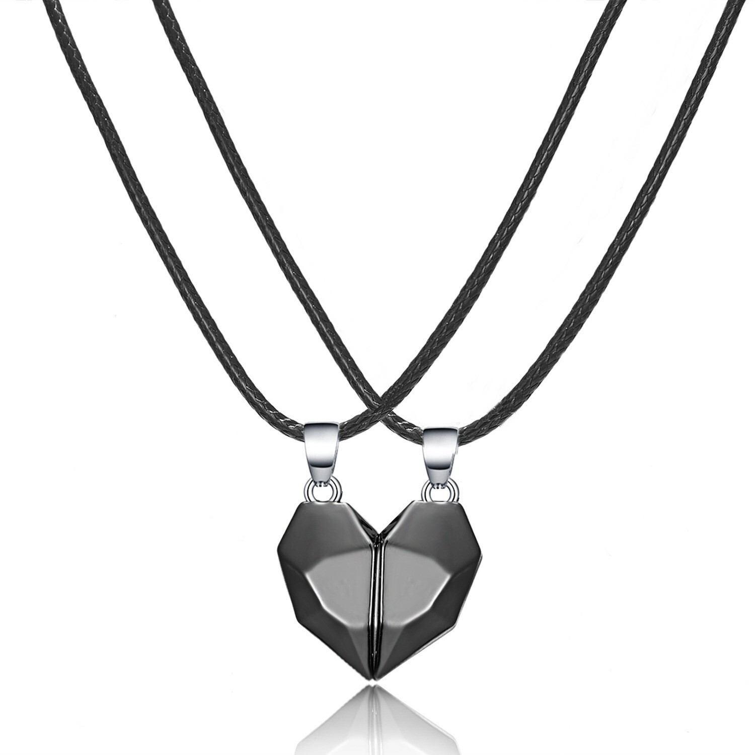 Heart Magnet Necklace Set for Couple – Black w/ Black, Great Gift, Anniversary