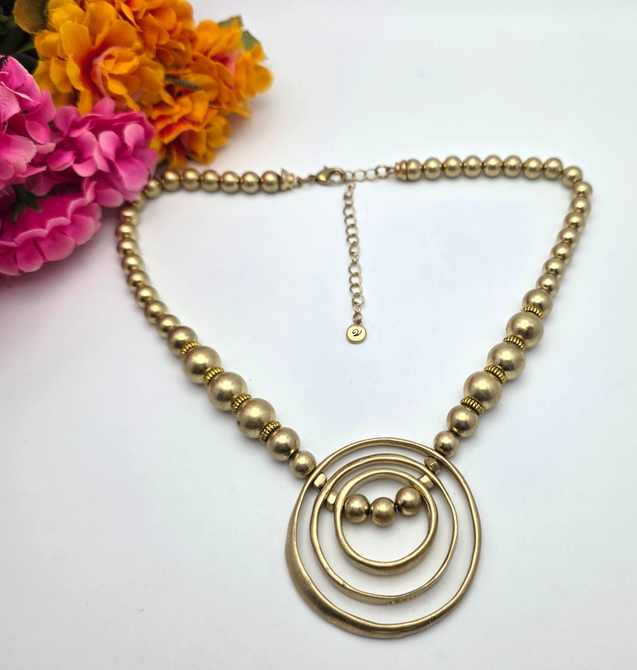 Modernist Circle Pendant Ball Bead Necklace Versona Gold Tone