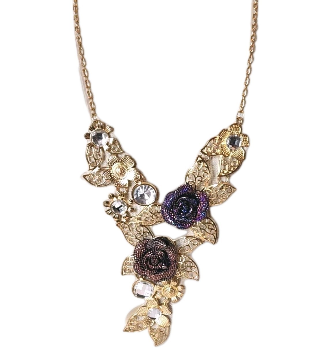 Gold Tone Statement Necklace Purple Rose Crystal Accents Glam Prom Bling 17″
