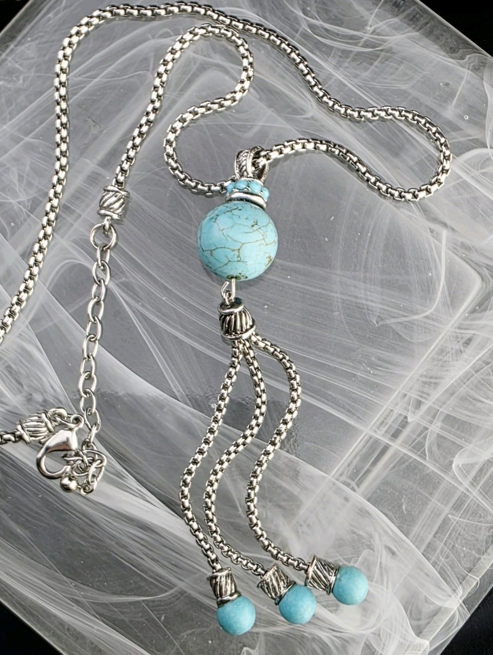 Southwestern Turquoise Tassel Pendant Necklace Heavy Silver Tone 16½” – 19½”