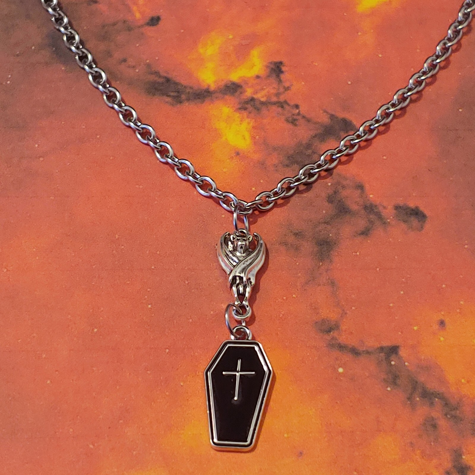 Bat & Black Coffin Cable Chain Necklace Punk Goth Halloween
