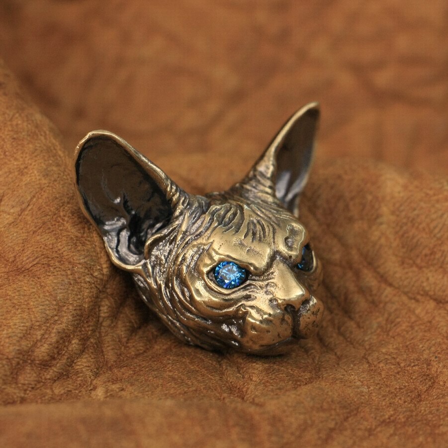 Good Details Blue Eyes Brass Sphynx Cat Pendant Punk Animal Jewelry BR113A