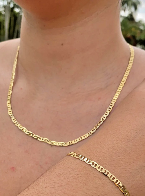 14K Gold Mariner Chain Necklace Bracelet Set 20in 7.5in Men Women Cadena Mariner
