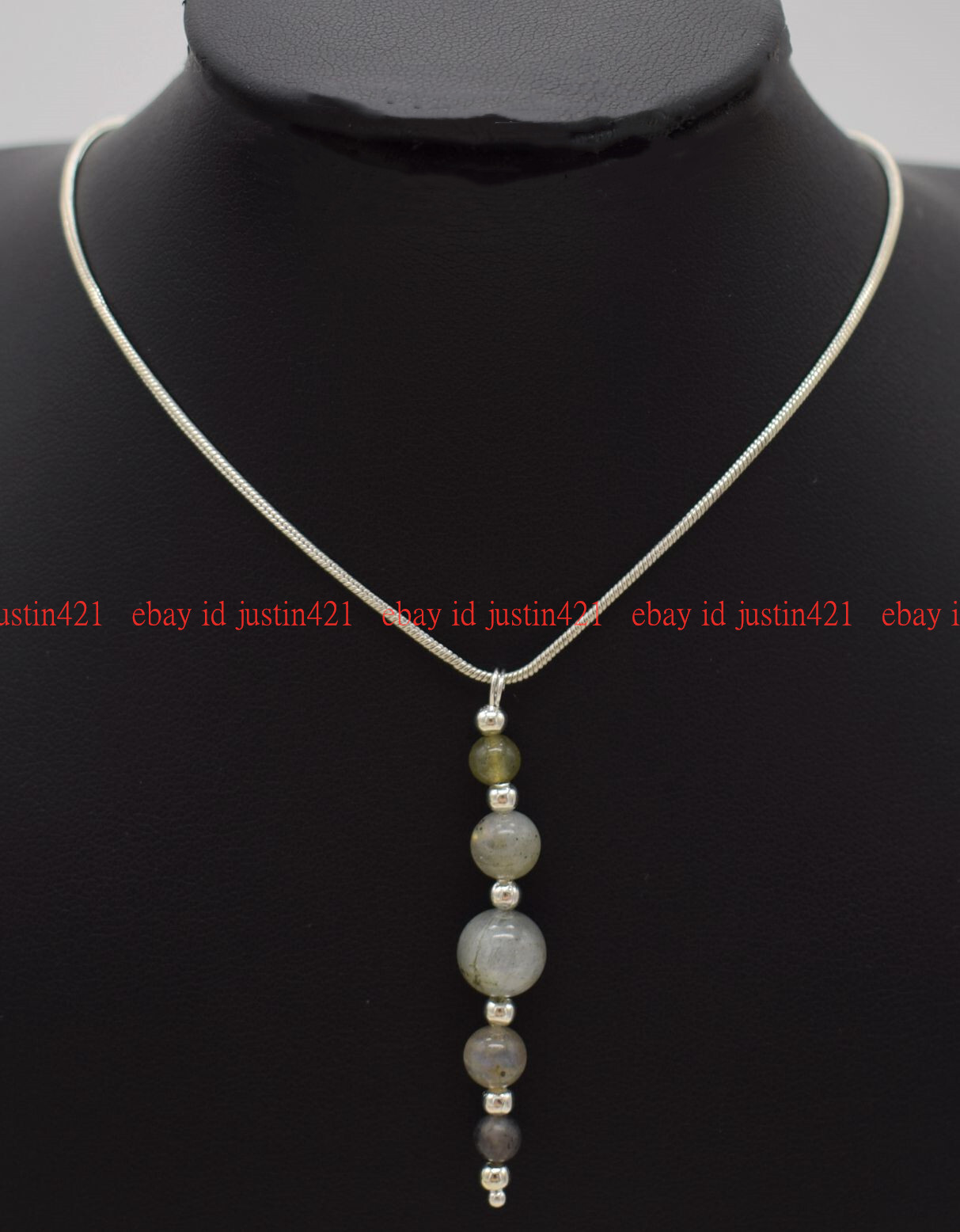 Genuine 4+6+8mm Pretty Gray Labradorite Round Gemstone Beads Pendant Necklace