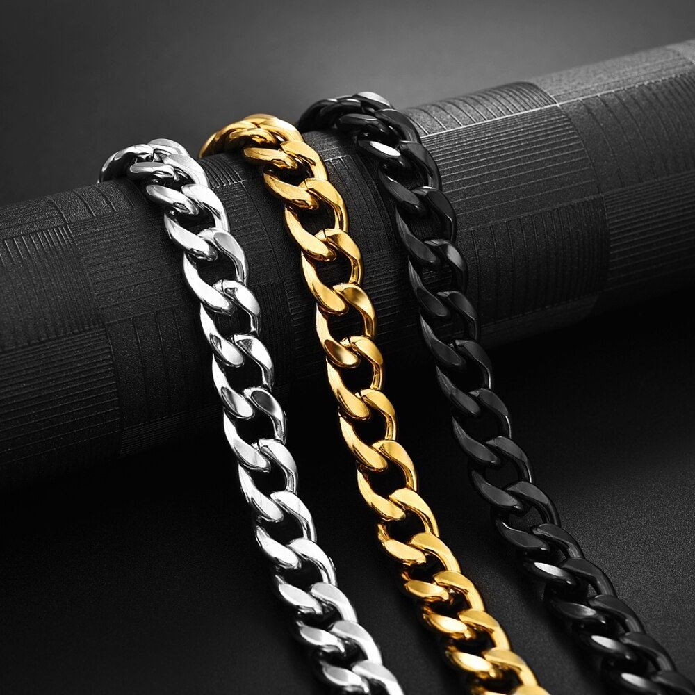 *UK* Black Stainless Steel Bracelet 11mm 7 Inch / 18cm Curb Mens Cuban Chain