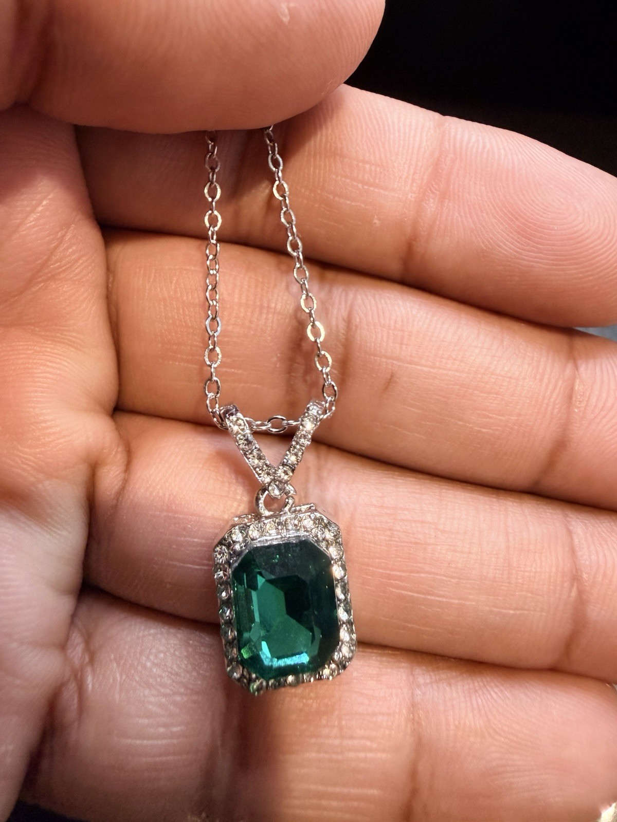 Silver Tone Rectangle Green Stone Halo Pendant Necklace, Cable Chain