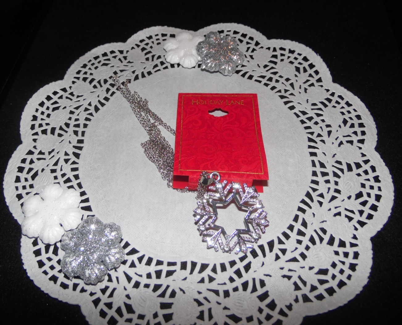 HOLIDAY LANE SILVER TONE CRYSTAL SNOWFLAKE LONG NECKLACE~MAS#1