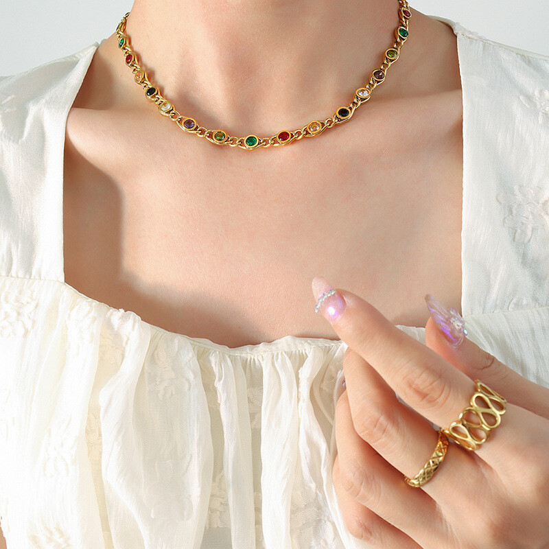 Woman 18K Gold Plated Multicolor CZ Simulated Multicolor Necklace Chain/Bracelet