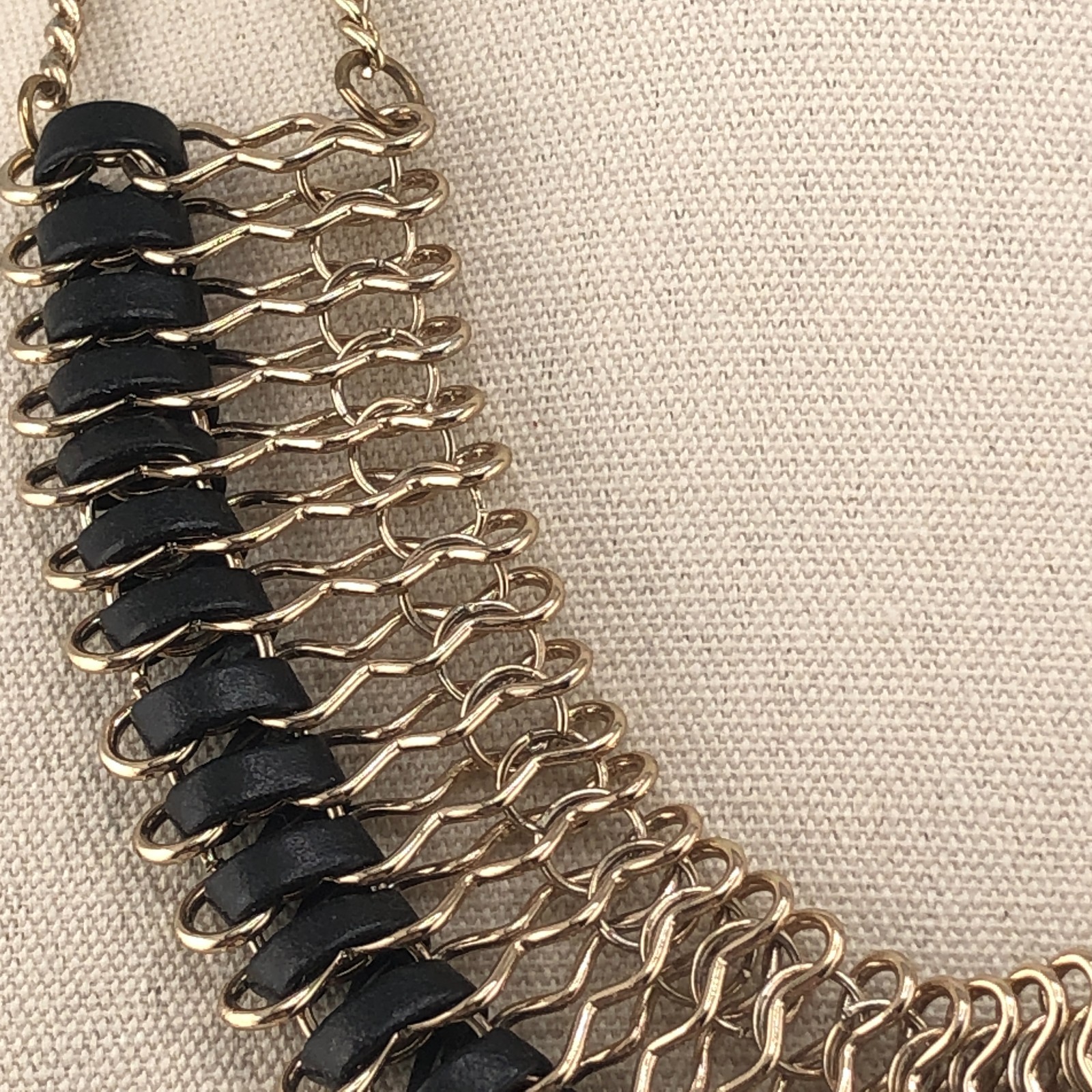 Woven Bib Necklace Gold Tone & Black Cord Statement Festival Retro Collar