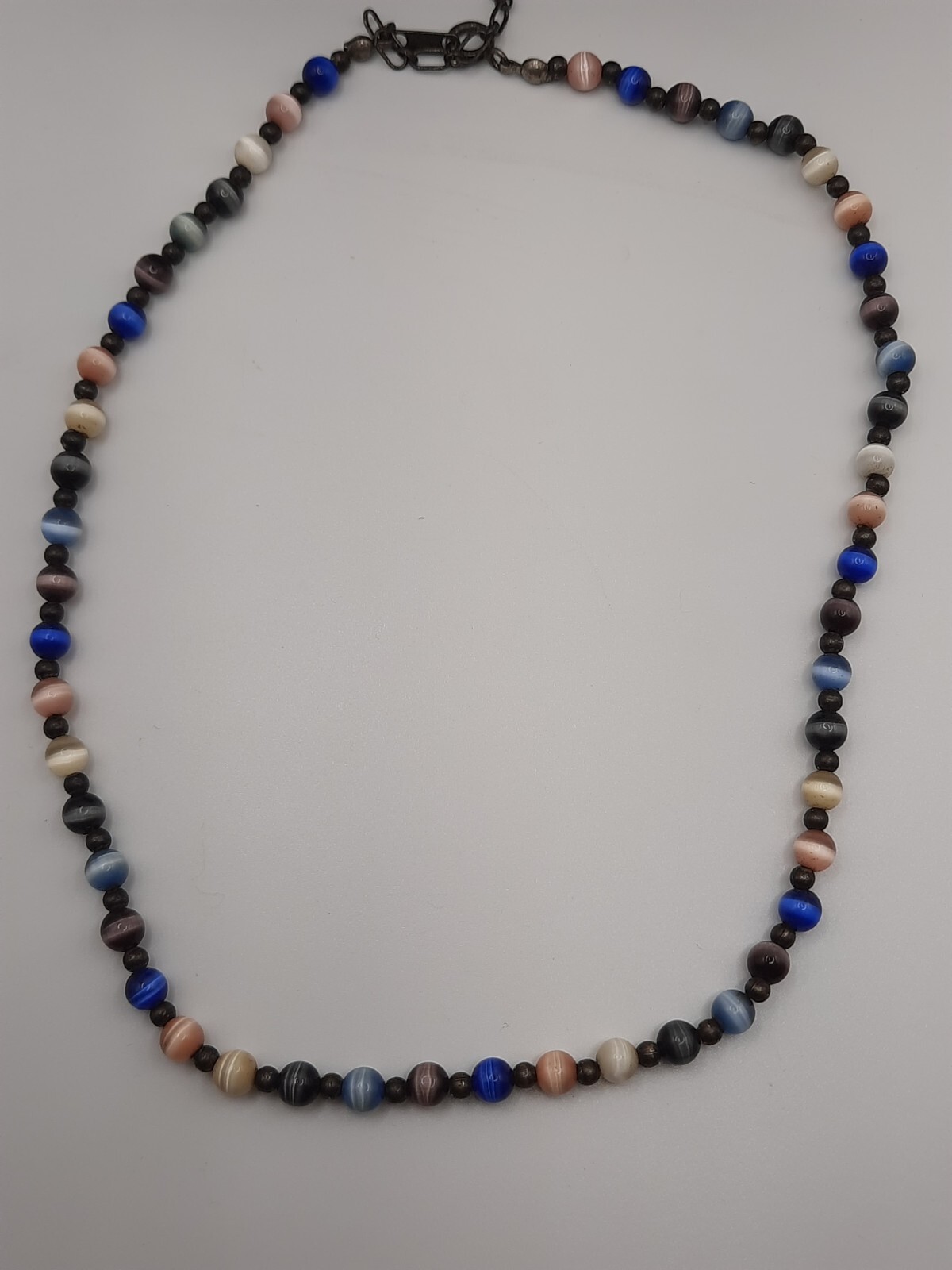 Sterling Silver & Cat Eye Glass Beaded Necklace 16-17.5″ Multicolor 5mm Jordan