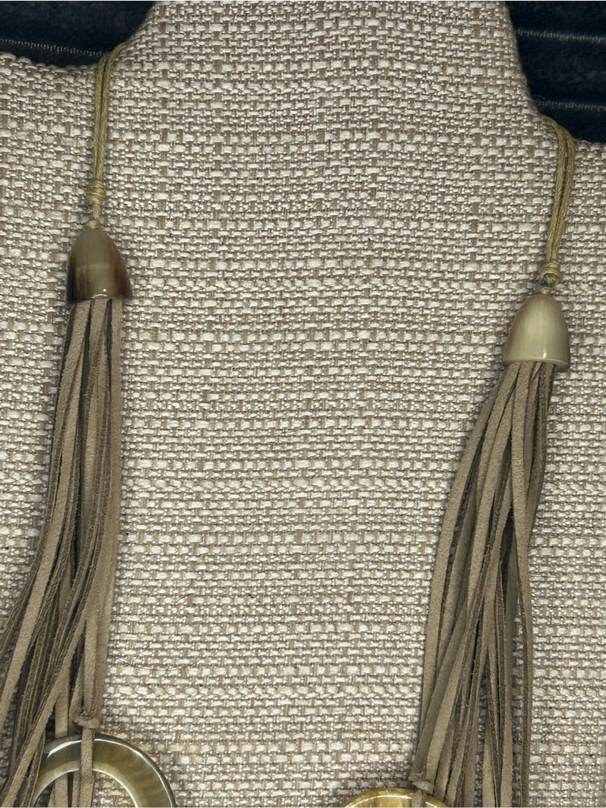 Tassel Multi-Strand Taupe Necklace with Gold & Cream Rings