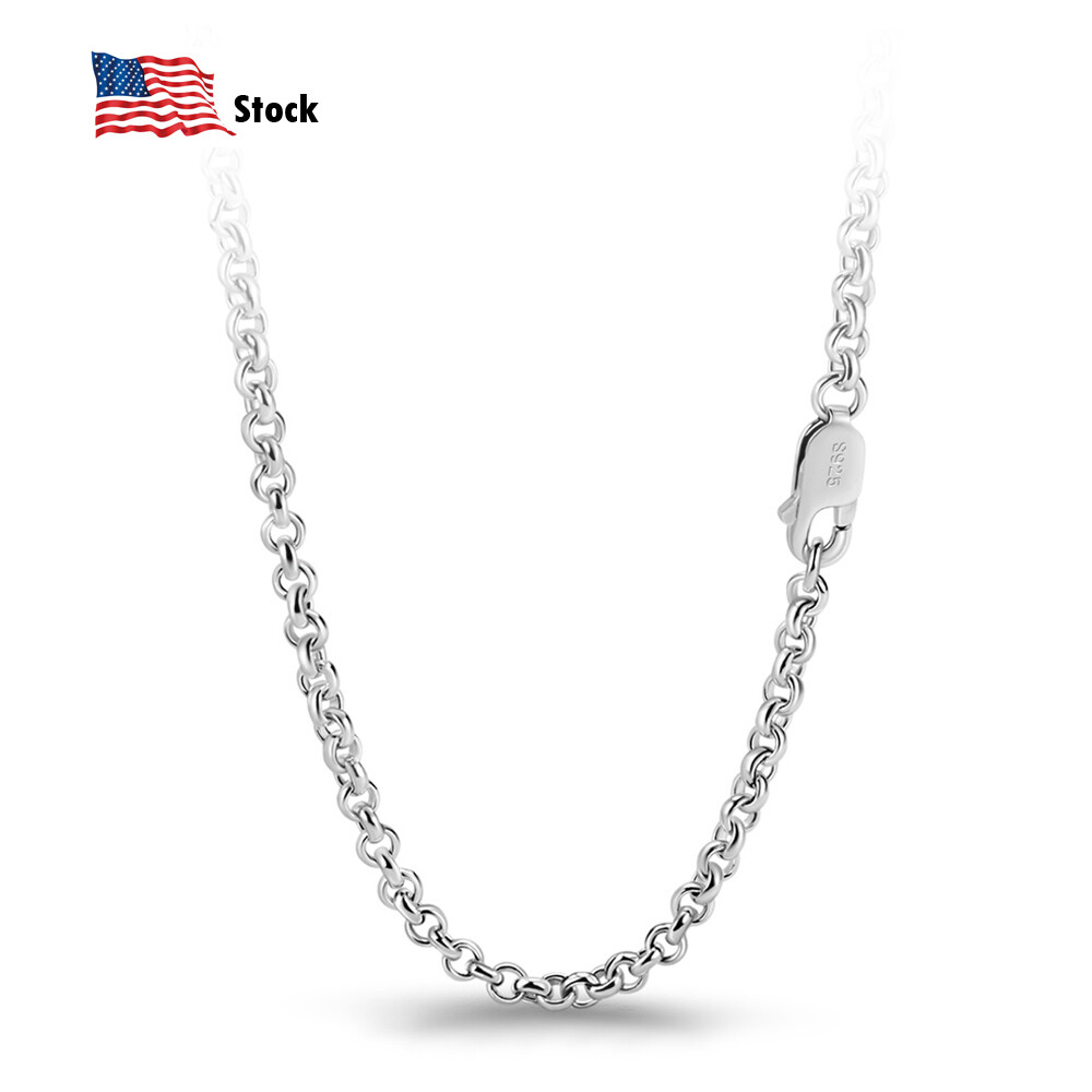 925 Sterling Silver 3mm Rolo Round Cable Chain Necklace 18″-28″ for Women & Men