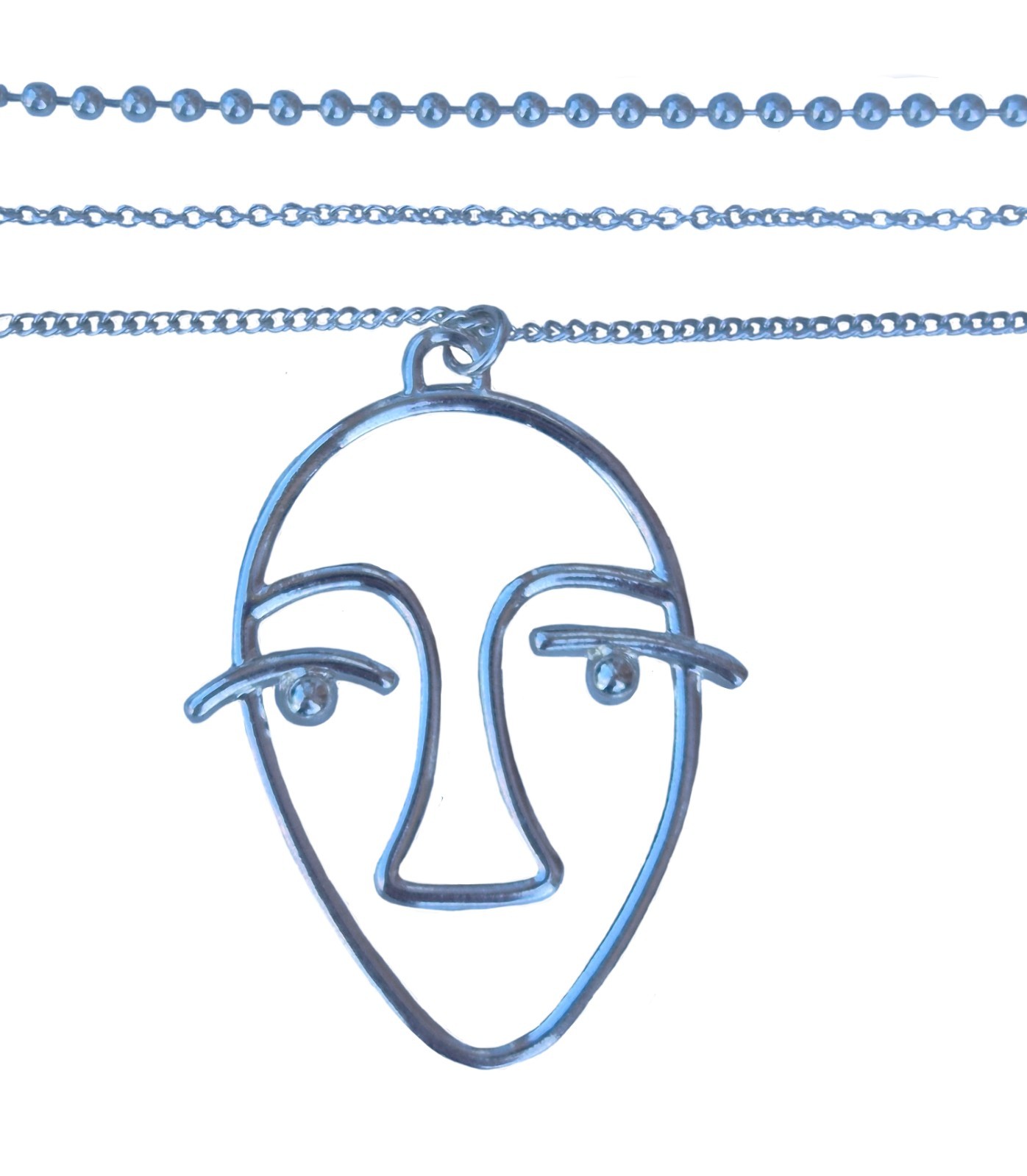 FACE Pendant NECKLACE Lightweight Three Strand Layered 48cm SILVER Tone Chain