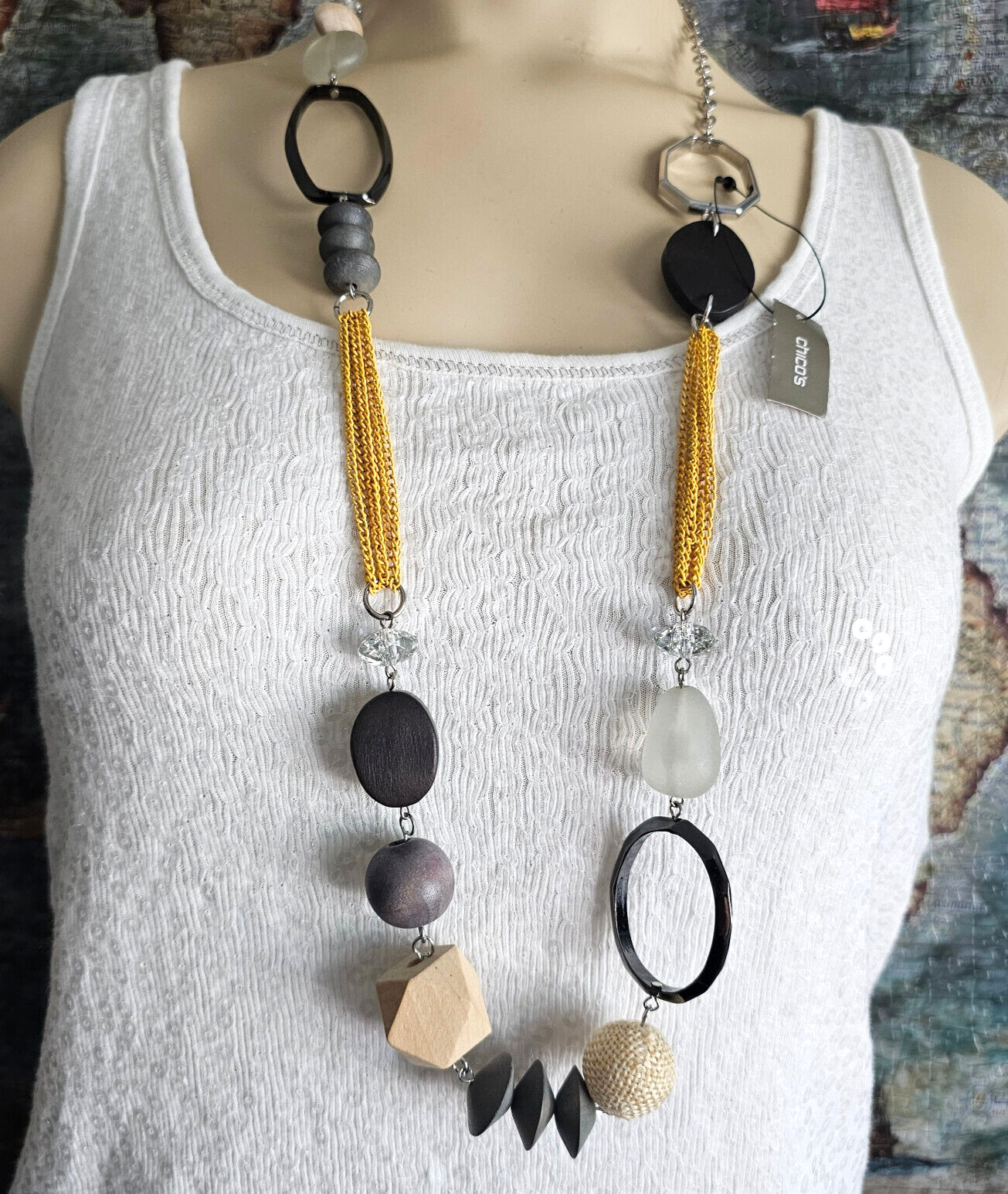Chico’s “Nina” Mixed Materials Wood Acrylic Metal Long Necklace $49 NWT
