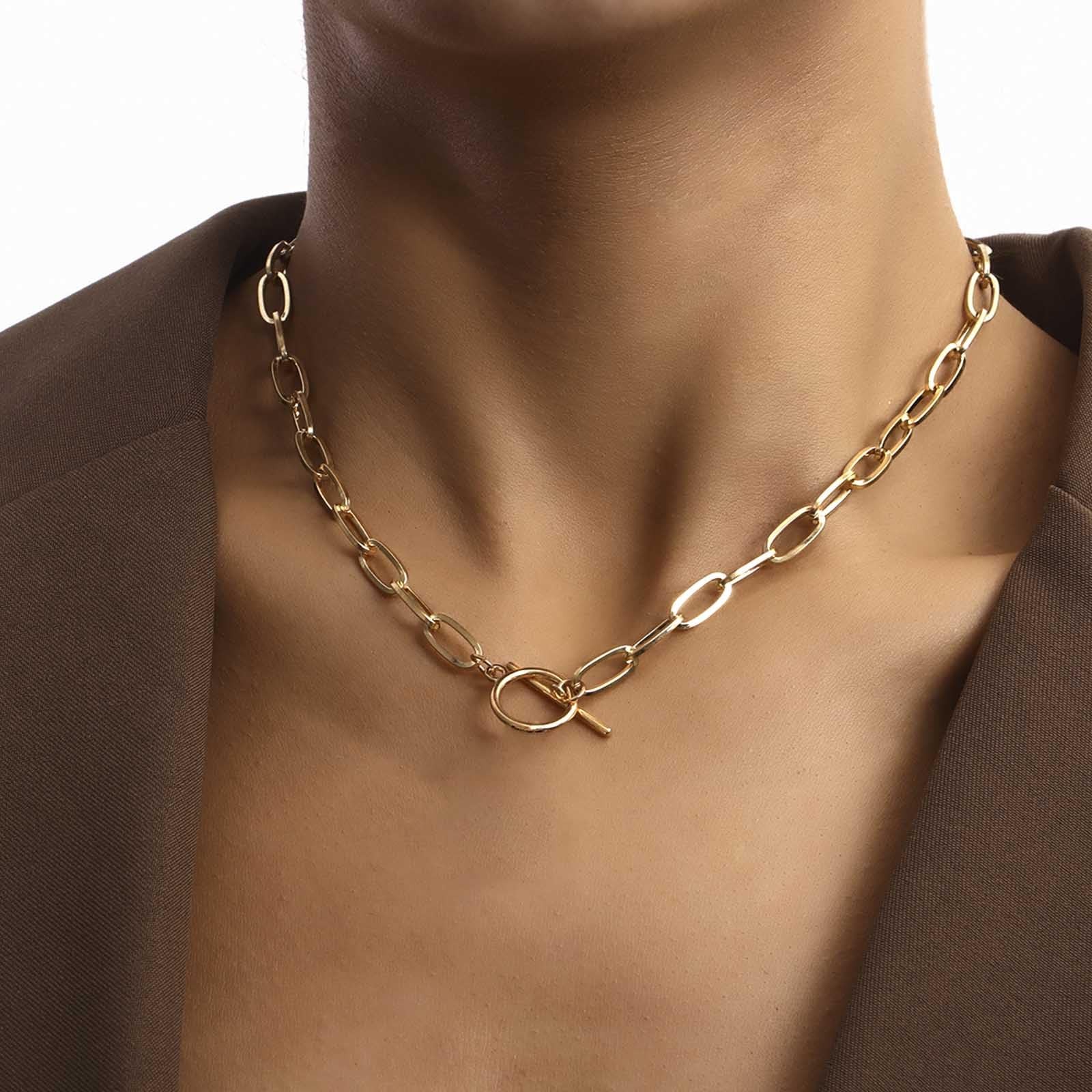 Toggle Necklace 14K Gold Plated Paperclip Chain Choker Stainless Steel Cable Nec
