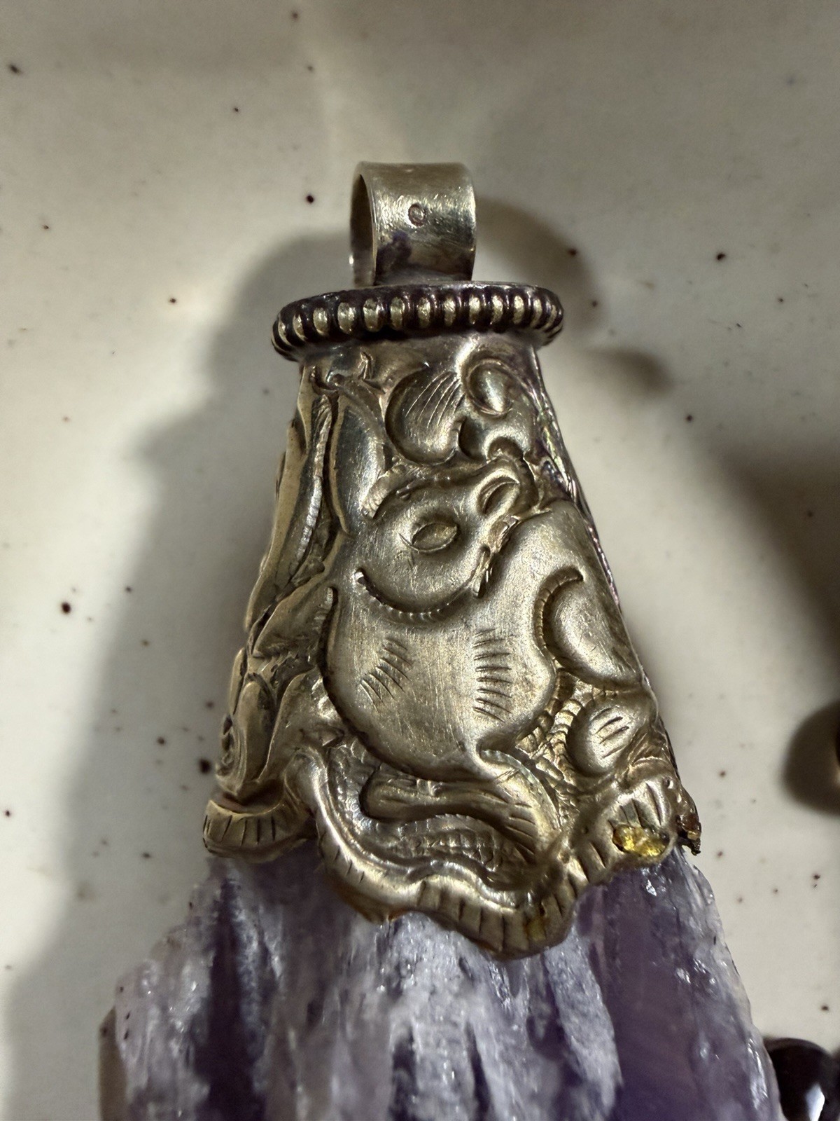 Purple Amethyst Rough Irregular Crystal Point Pendant Charm w/ Silver-Tone Cap