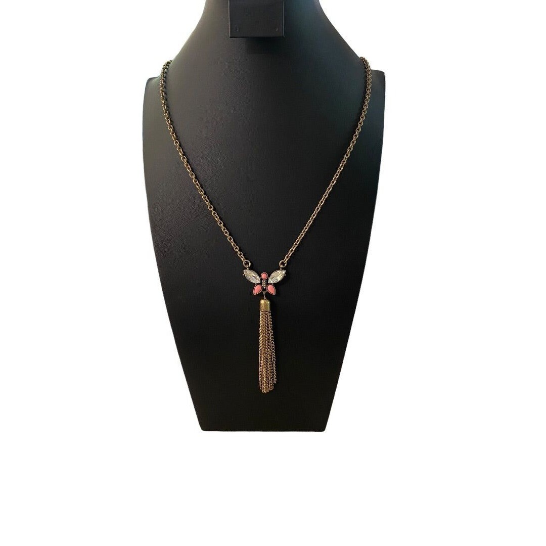 Goldtone Tassel Butterfly 31″ Necklace 3.75″ Drop Lobster Clasp