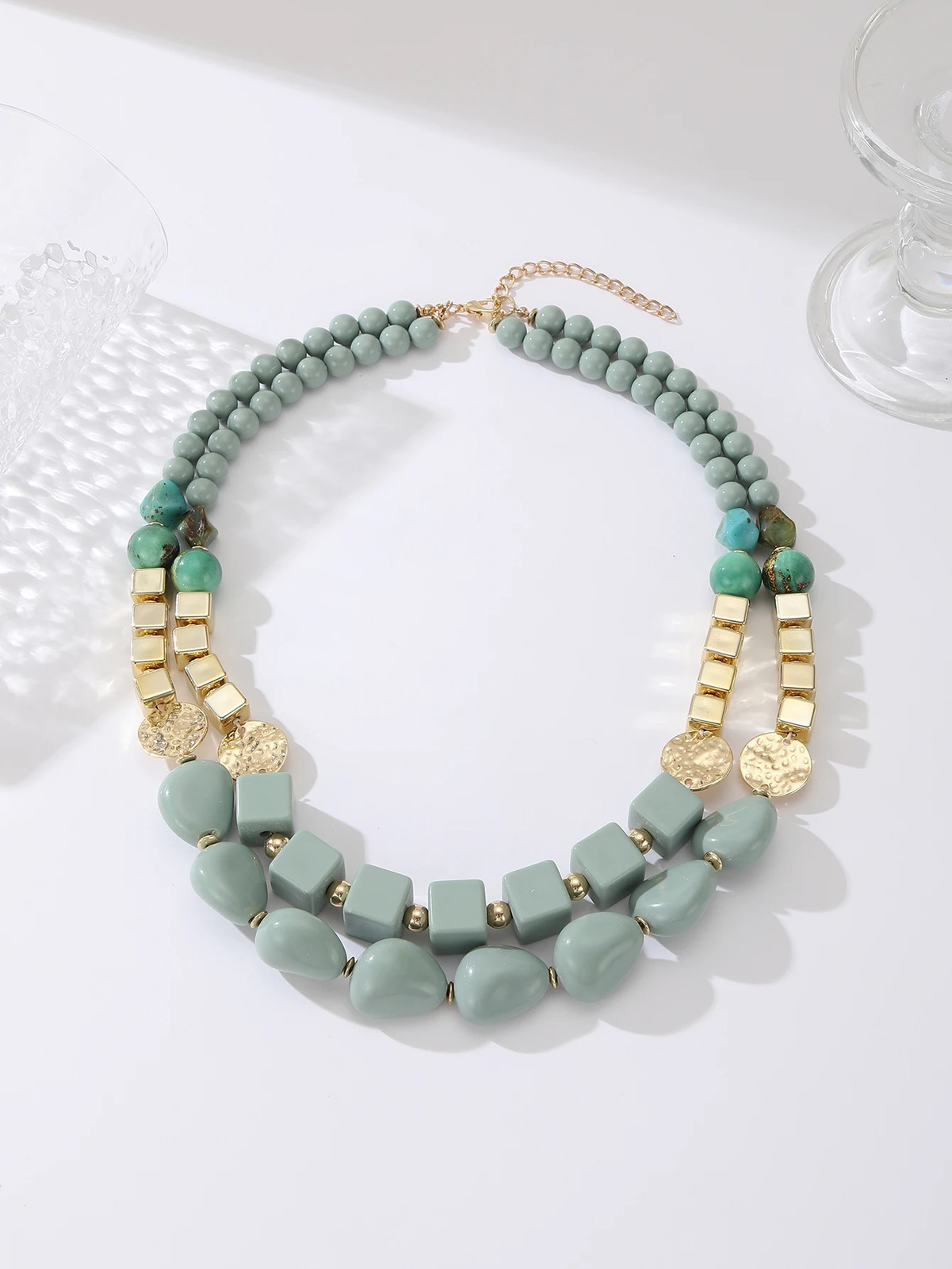 Women’s Boho Layered Chunky Acrylic Beaded Necklace Vintage Geometric Square Ham