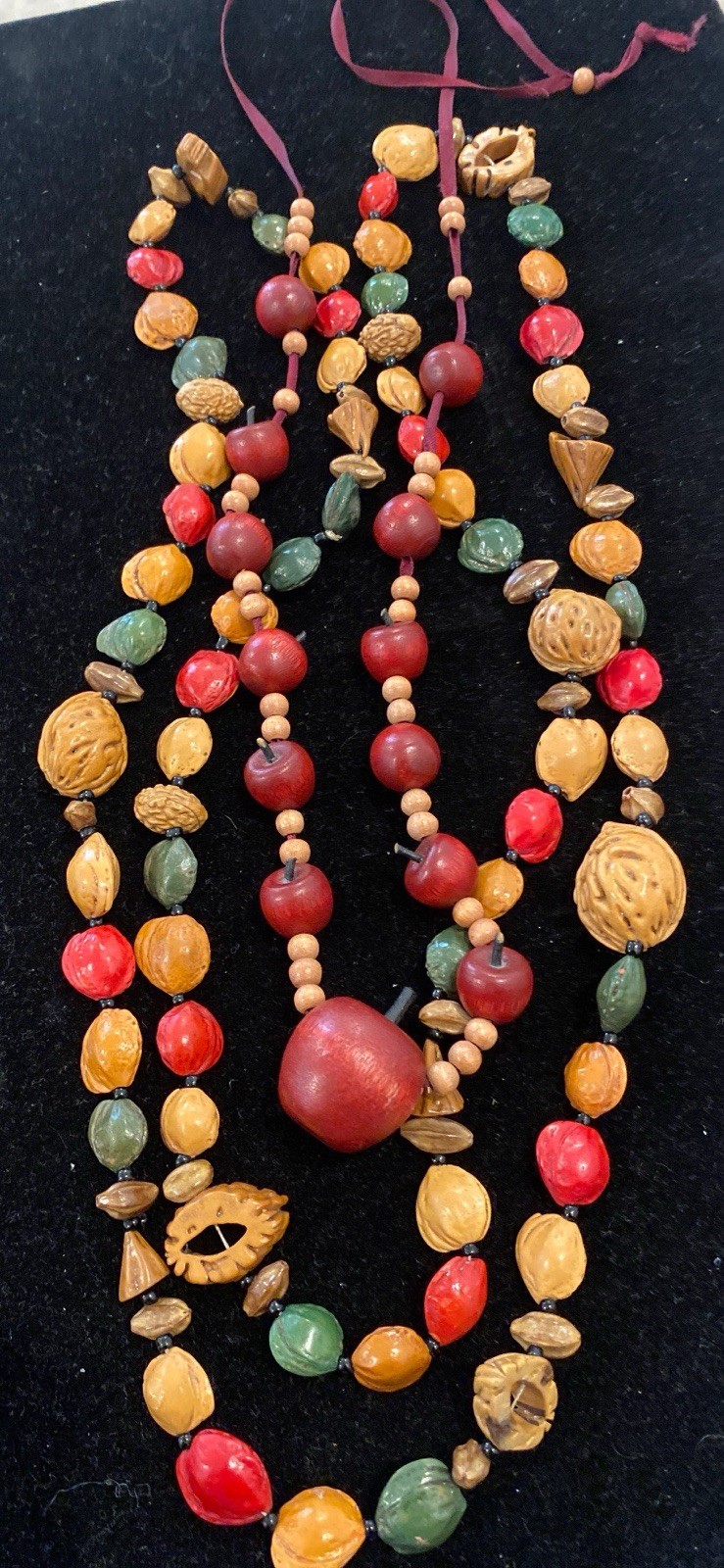 2 Long Stackable Vintage Necklaces Unique Colorful Nuts Apples Nature Earth