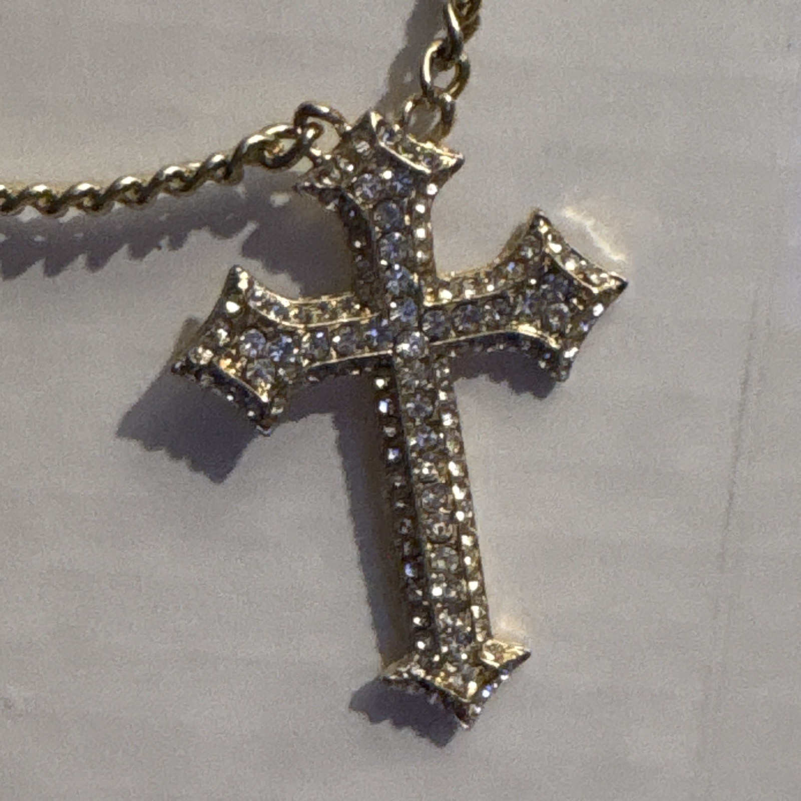Gold Tone Curb Chain Necklace Cross Pendant Clear Crystal Rhinestones Lobster