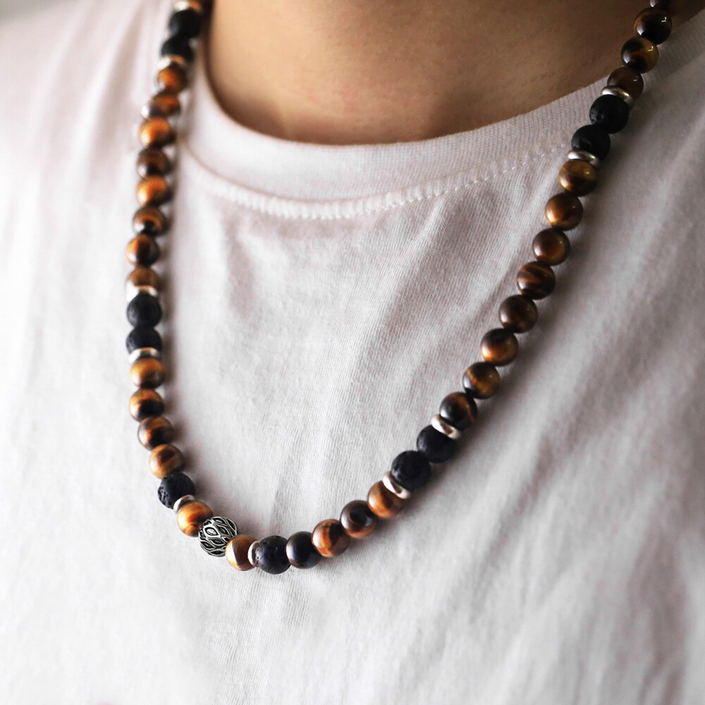 Men’s 8mm Natural Tiger Eye Lava Bead Necklace Stainless Steel Toggle 18/20/24″