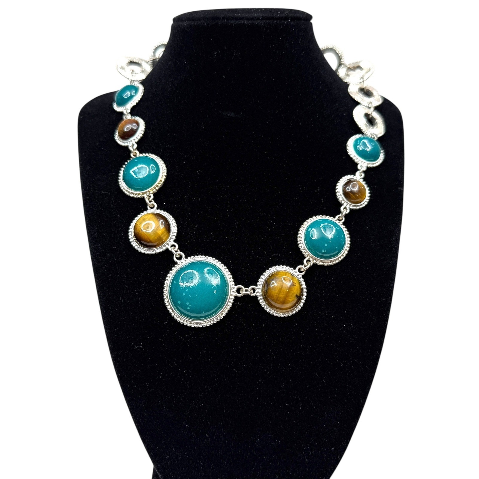 Silver Tone Teal & Tiger Eye Cabochon Statement Necklace Fashion Jewelry