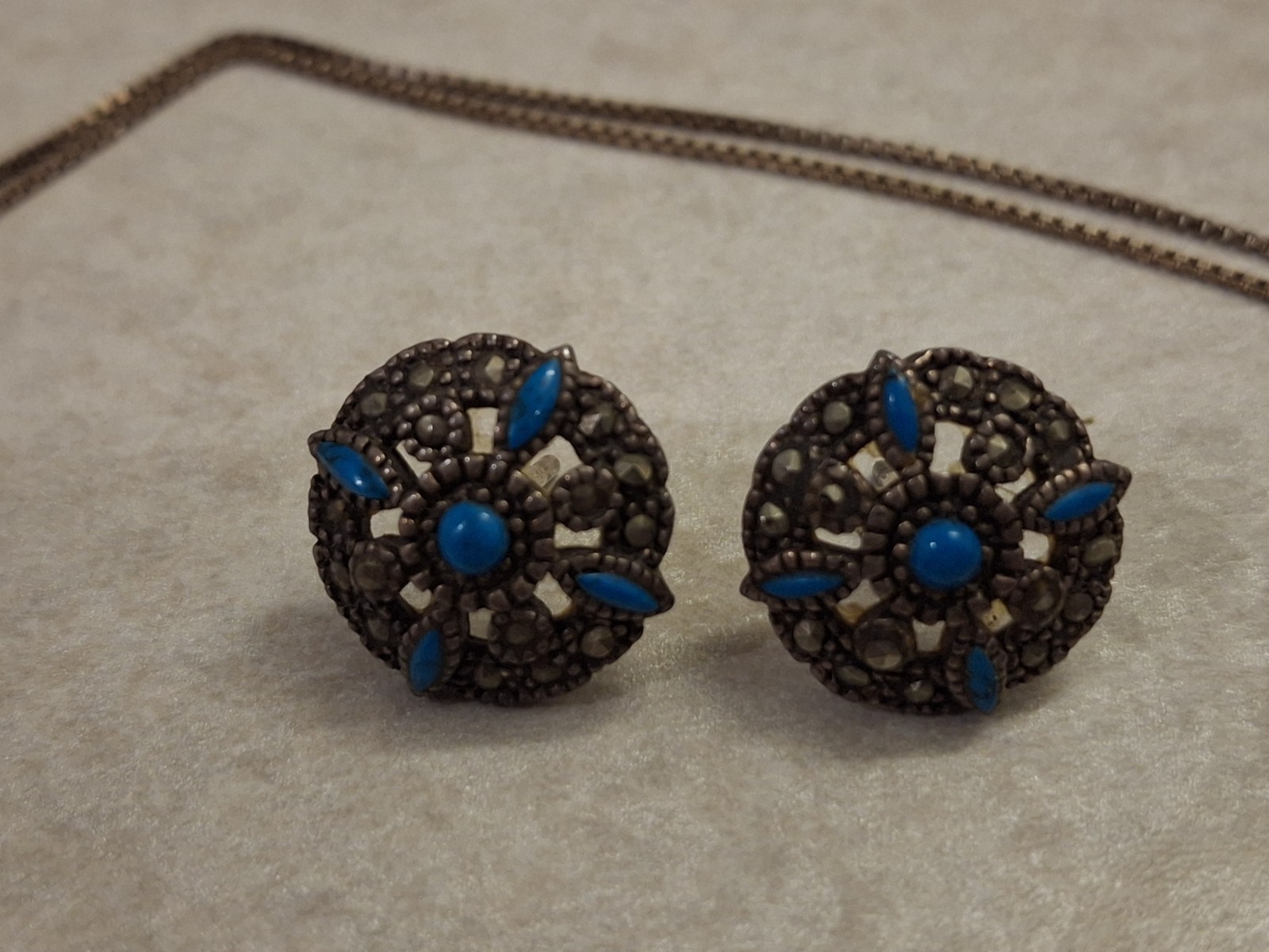 Vintage JC 925 Italy Silver Necklace & Earrings Set With Blue Stones Marked