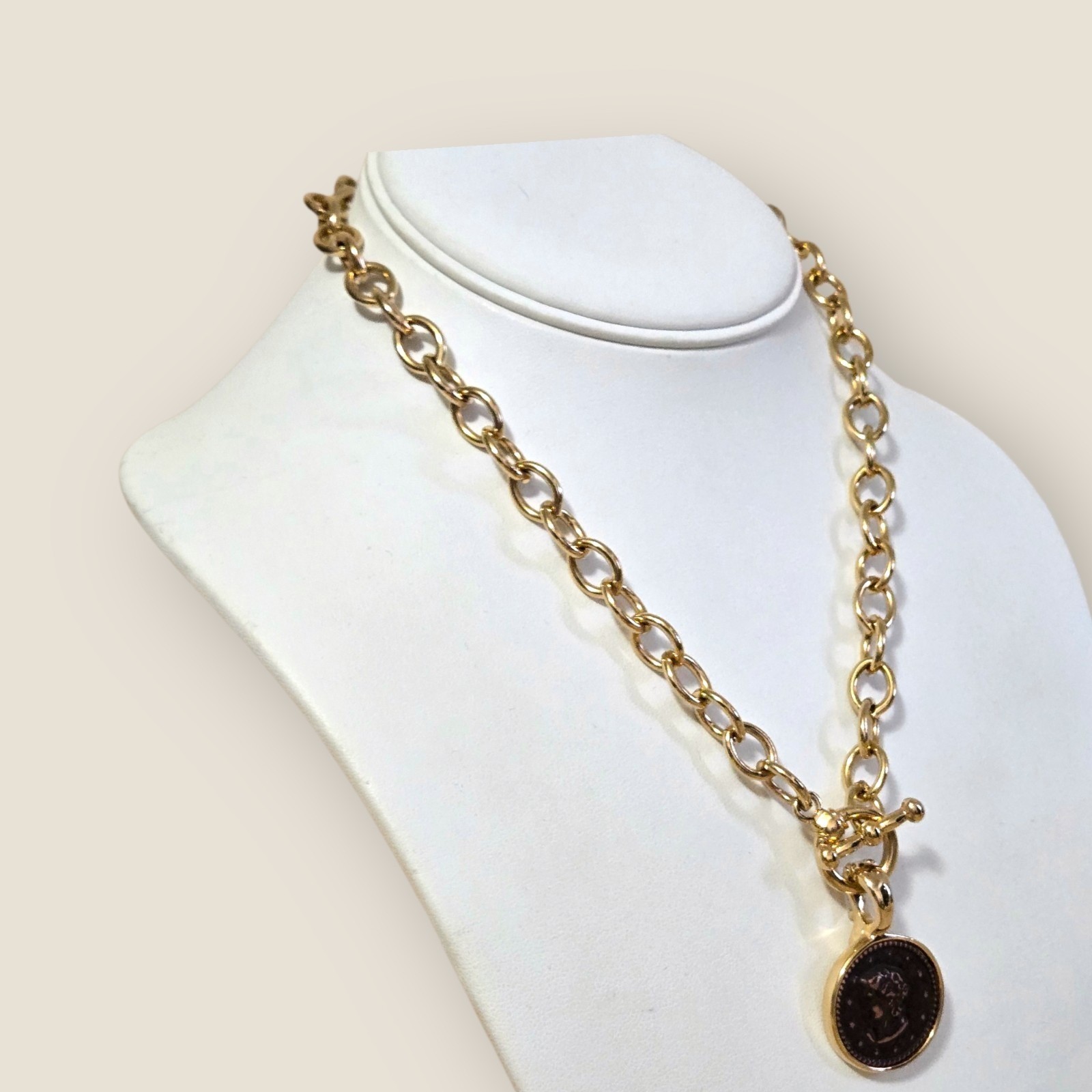 Gold Plated Toggle Necklace 17″ & Bronze Coin Enhancer Pendant & Coin Earrings