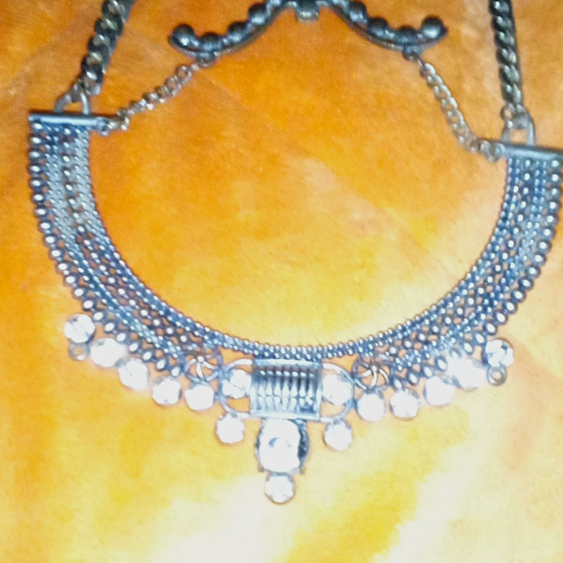 Silver Tone Statement Collar Necklace Curb Chain Adjustable Clear Round Crystal