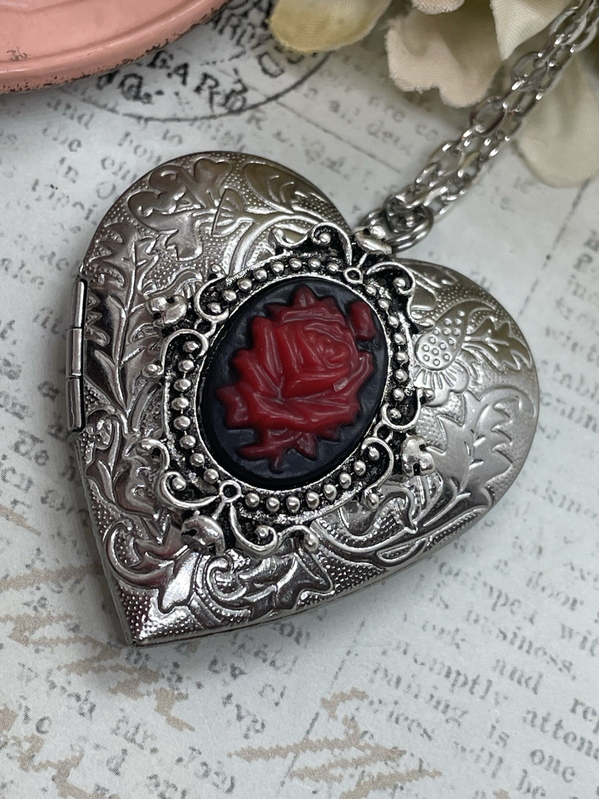 Heart Silver Black Red Locket Rose Gothic Necklace Photo Bride bridal wedding