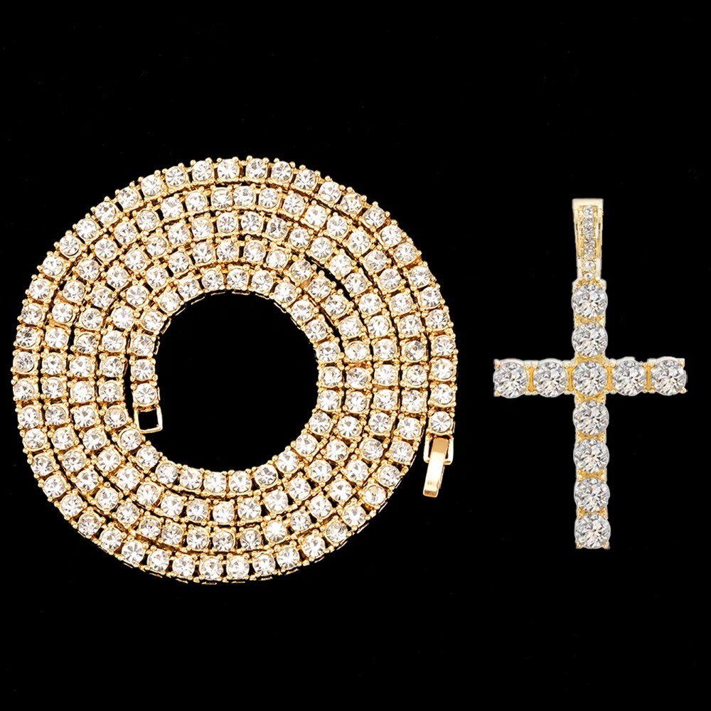 Iced Out Cross Pendant Tennis Chain Necklace Silver Gold CZ Hip Hop Men Women