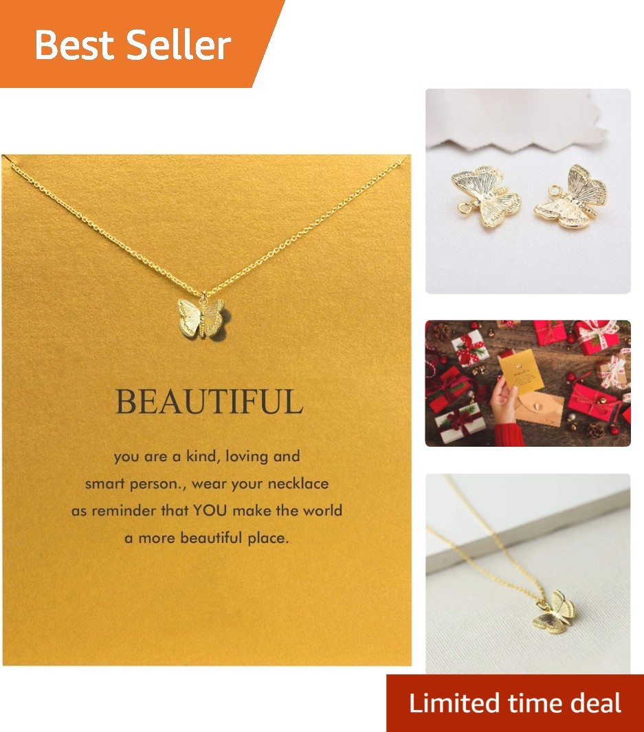 14K Gold-Plated Butterfly & Elephant Necklace with Inspirational Message Card