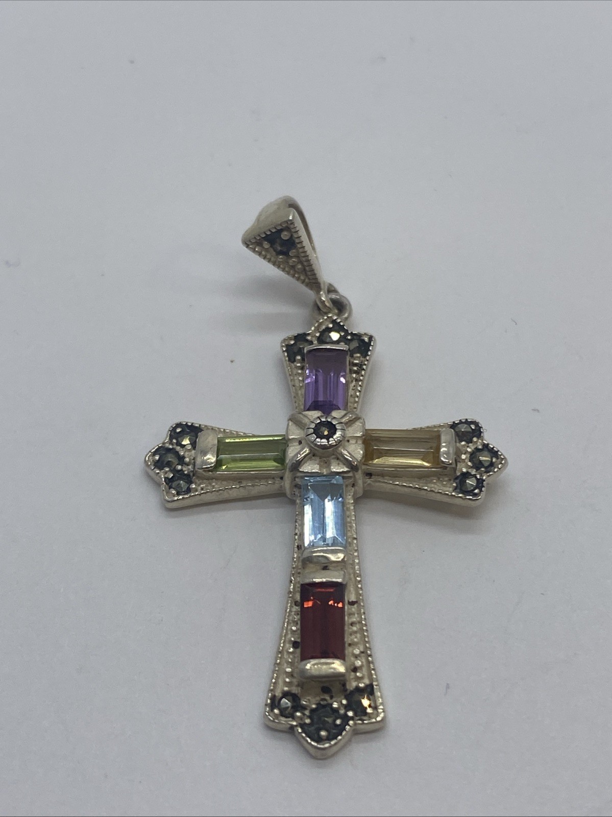 Marcasite Sterling Silver Cross Pendant with Multi Color Baguettes signed SA