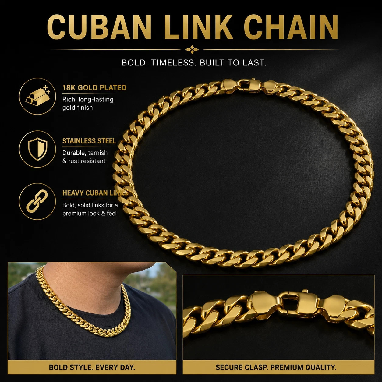 Men’s 12mm Miami Cuban Link Chain 20″ 18K Gold Plated Stainless Steel Necklace