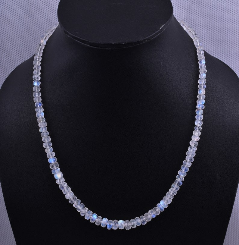 4MM Blue Flashy Moonstone Faceted Rondelle Gemstone Beaded Handmade Necklace 18″