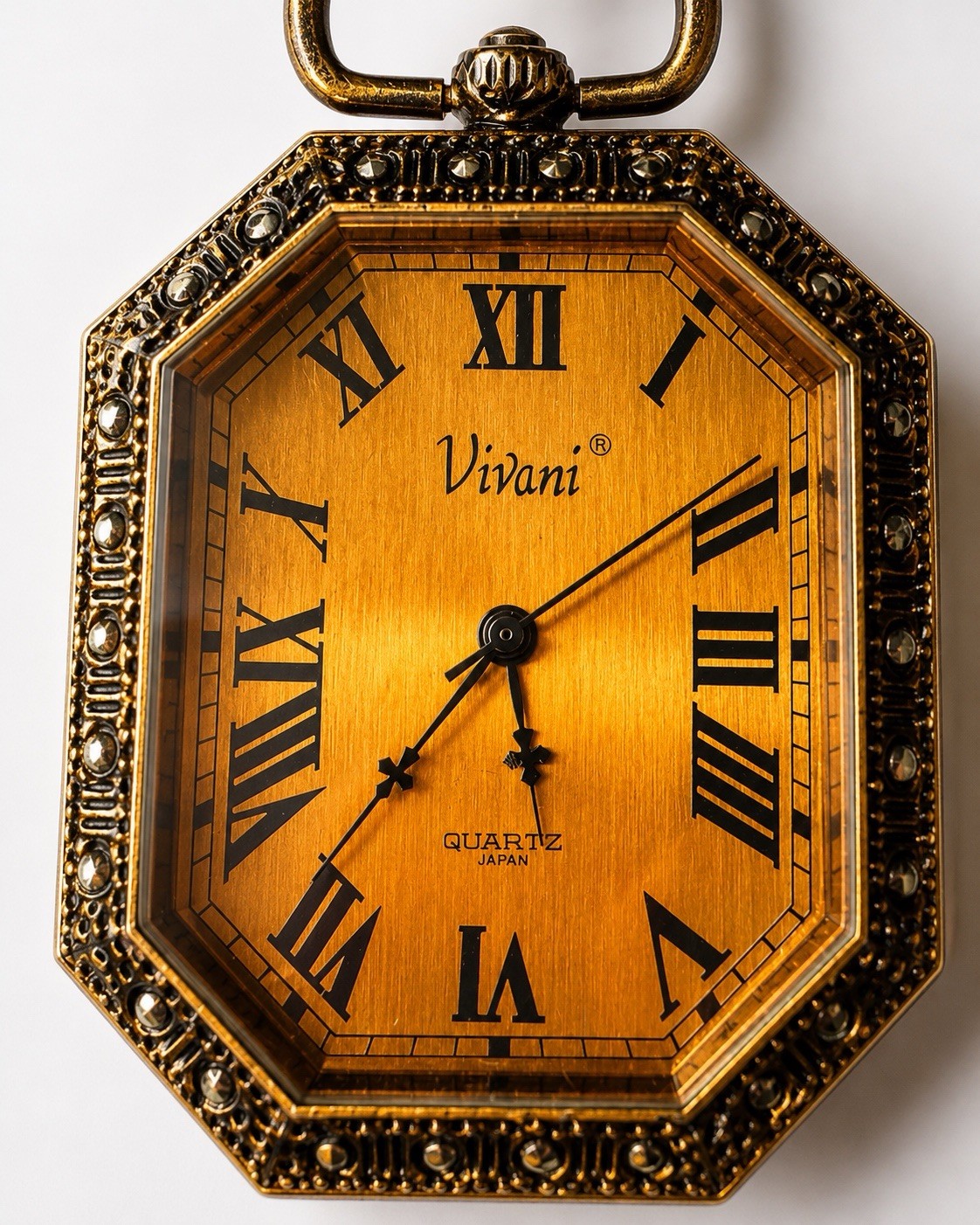 Vivani Quartz Japan Gold Tone Octagon Pocket Watch Necklace Roman Numeral VTG