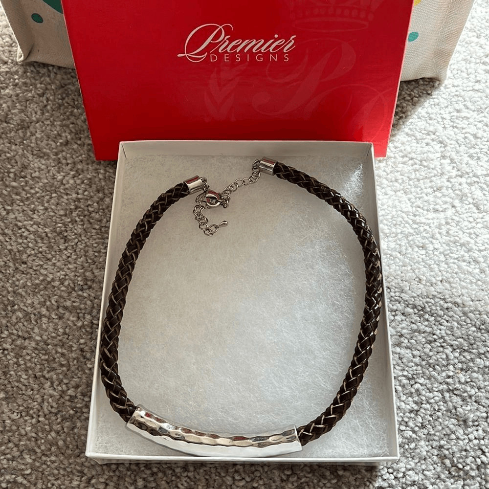 Premier Designs Organic Braided Leather Hammered Silver Bar Necklace NWT