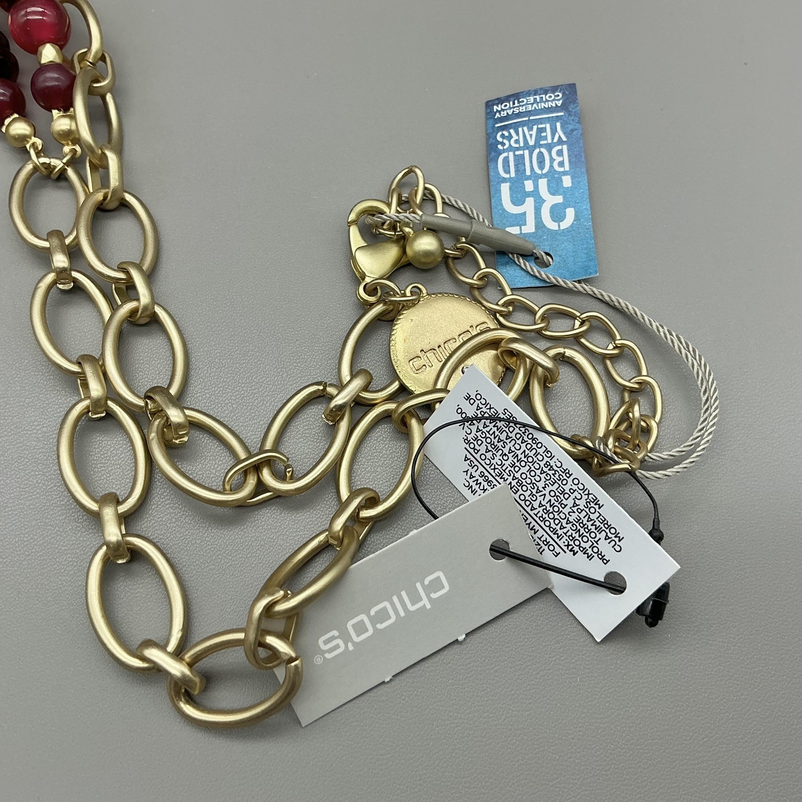 Chicos Necklace Red Beaded Statement Bib Oval Pendant Gold Tone 24 In Womens