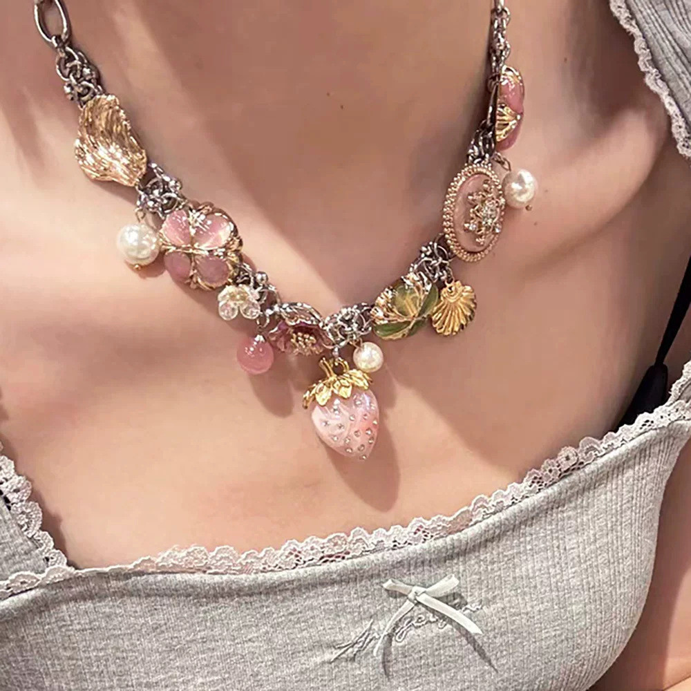 Pink Strawberry Multi-Charm Necklace