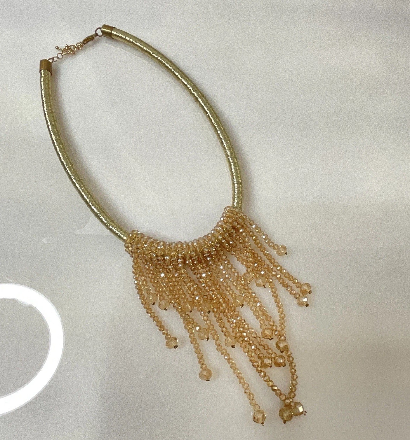 Statement Waterfall Necklace Pink Champagne Glass Bead Fringe 16–18 Inch